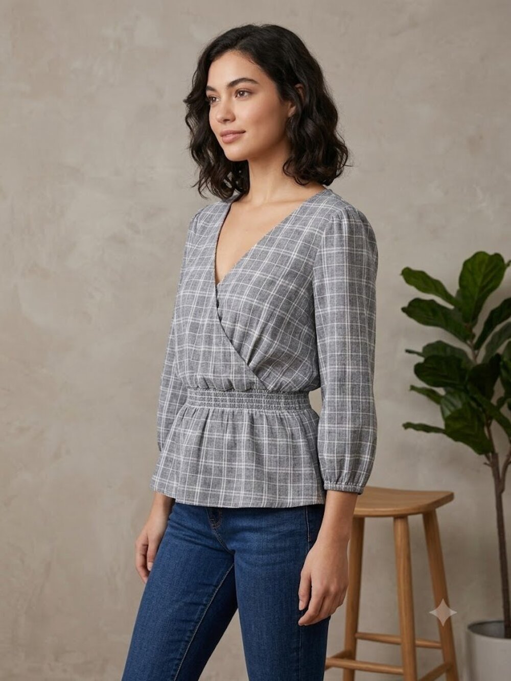 Nordstrom Treasure and Bond Peplum Blouse Black And White Check V Neck Size M